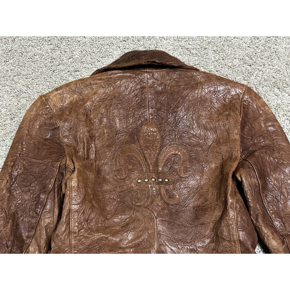 Vintage ZINI Brown Leather Blazer Jacket Leopard Lined Fleur De Lis Studded XS - Picture 7 of 11